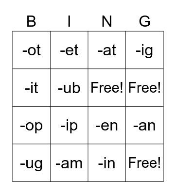 Word Family Bingo Card
