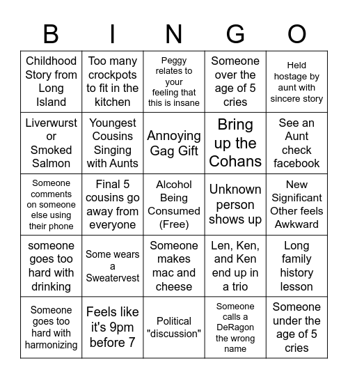 Walsh Family Event Bingo Card