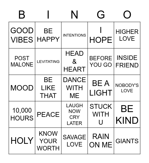 SONGS THAT GOT US THRU 2020 Bingo Card
