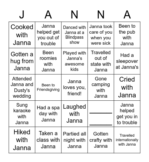 Janna's Birthday Bingo Card