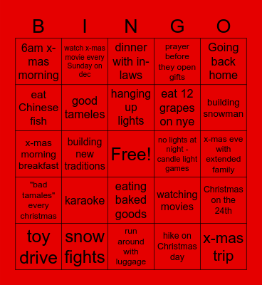 Holiday Traditons Bingo Card