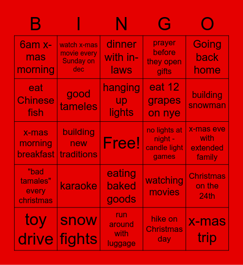 Holiday Traditons Bingo Card