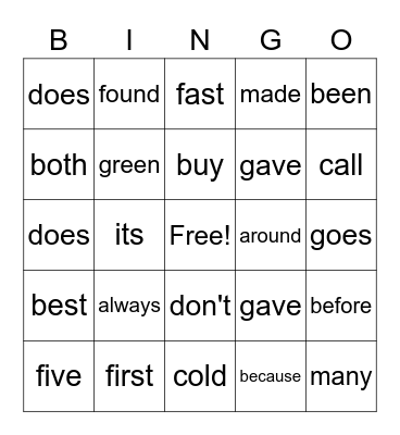 Sight Words Bingo Card