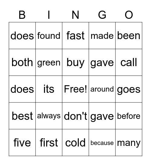 Sight Words Bingo Card