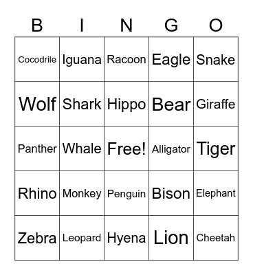 Wild animals Bingo Card