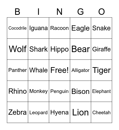 Wild animals Bingo Card