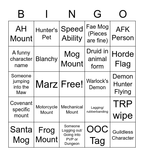 Oribos Bingo Card