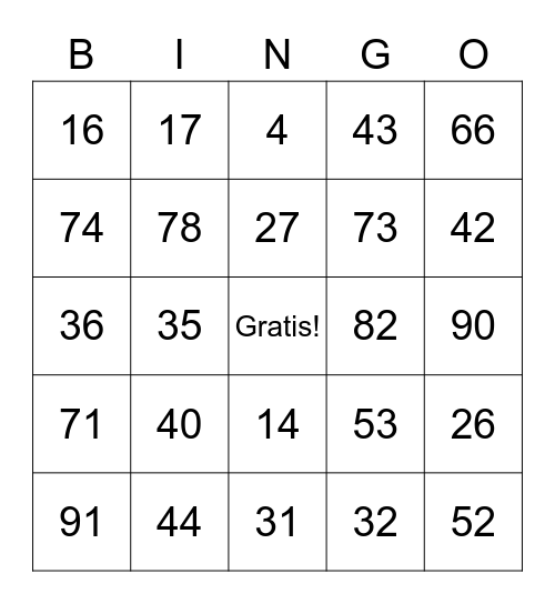 Los Numeros Bingo Card