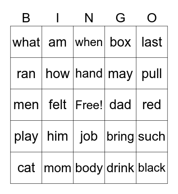 Closed Syllables Bingo Card