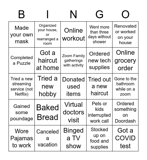 Quarantine Quiz Bingo Card