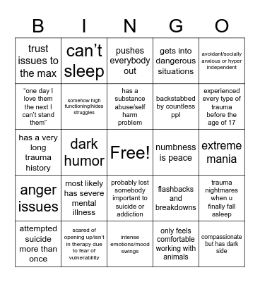 childhood trauma Bingo Card