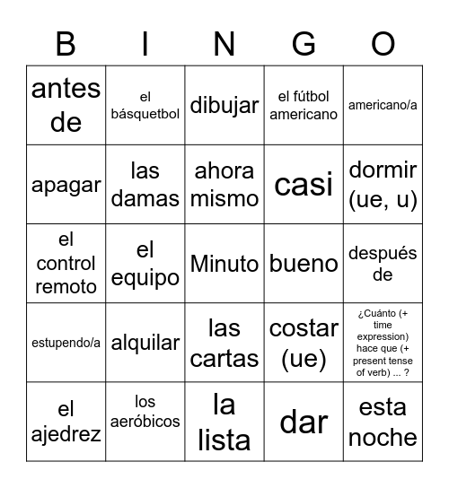 Spanish Terms Bingo Card