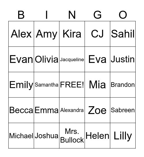 Mrs. Bullock's Class Bingo Card