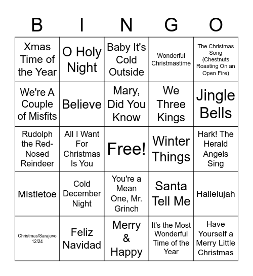 Christmas Carol Bingo Card