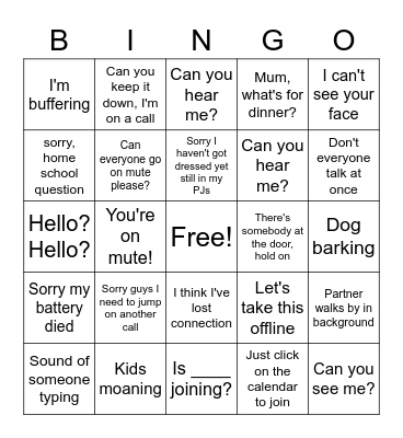 Video call Bingo Card