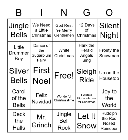 Holiday Song Bingo Card