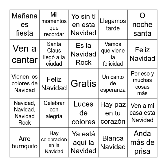Holiday Music Spanish 1 Bingo Card