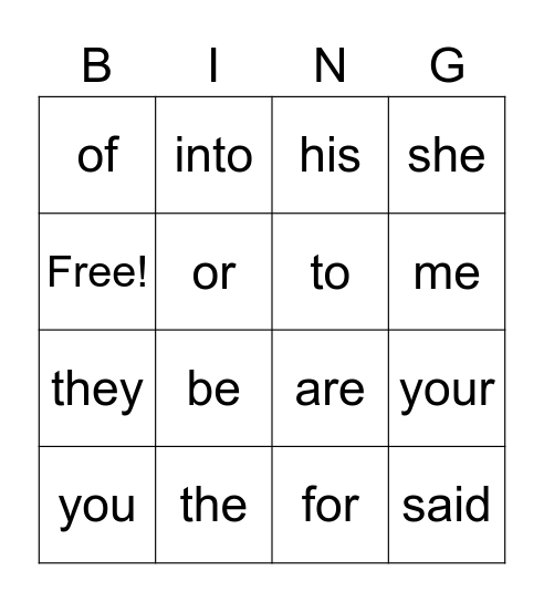 Snap Word BINGO! Bingo Card
