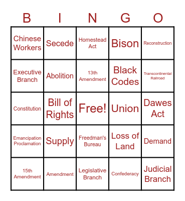 US Studies Bingo Card