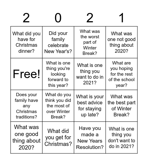 New Years Questions Bingo Card