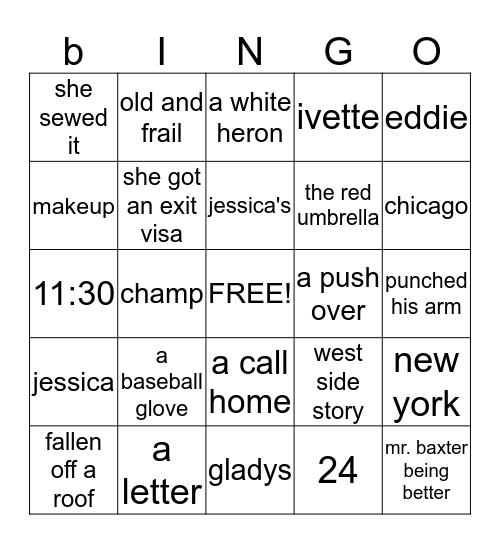 The Red Umbrella  Bingo Card