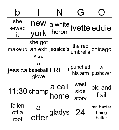 The Red Umbrella  Bingo Card
