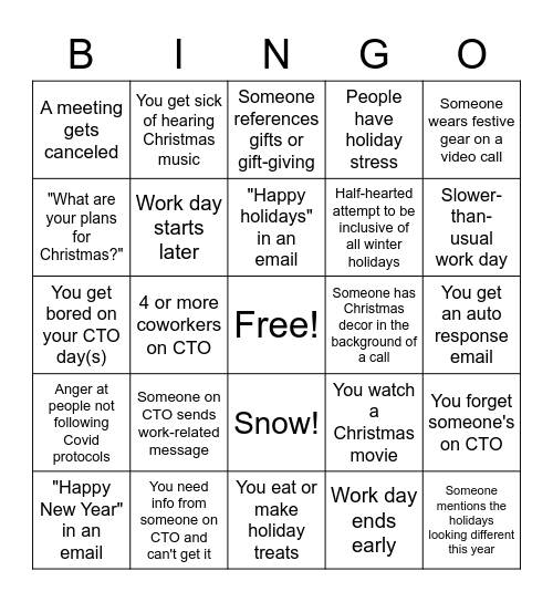 Winter Holidays Bingo Card