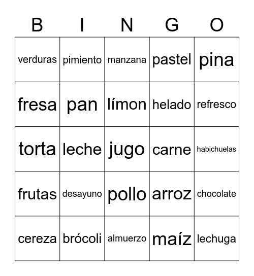 Comidas Bingo Card