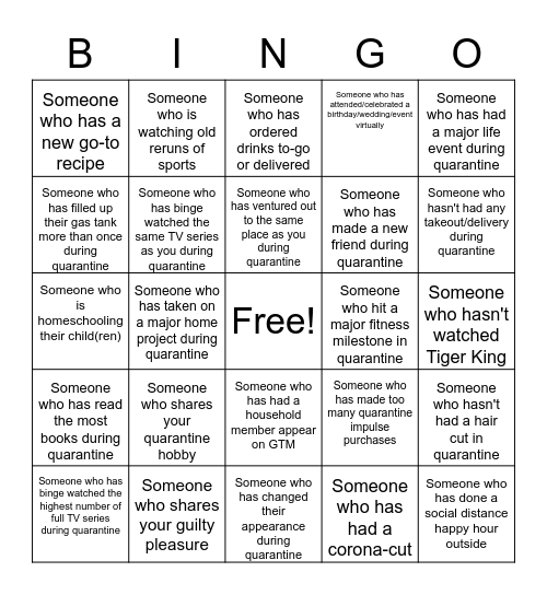 WJA Team Bingo- Quarantine Edition! Bingo Card