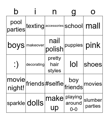 girly things Bingo Card