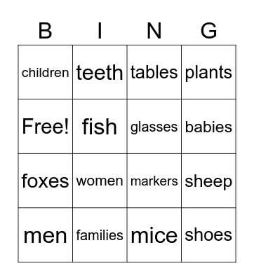 Plural Nouns Bingo Card