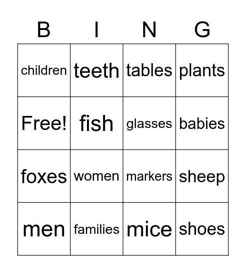 Plural Nouns Bingo Card