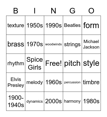 General Music Bingo Card