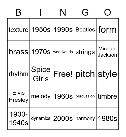 General Music Bingo Card