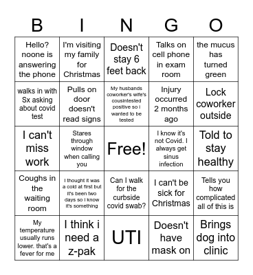 Urgent Care Bingo Card