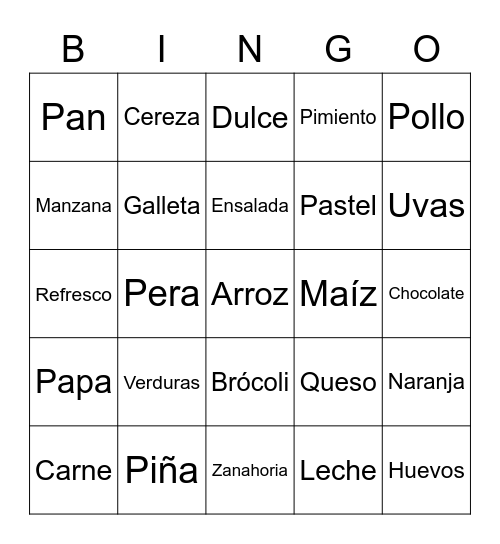 Comidas Bingo Card