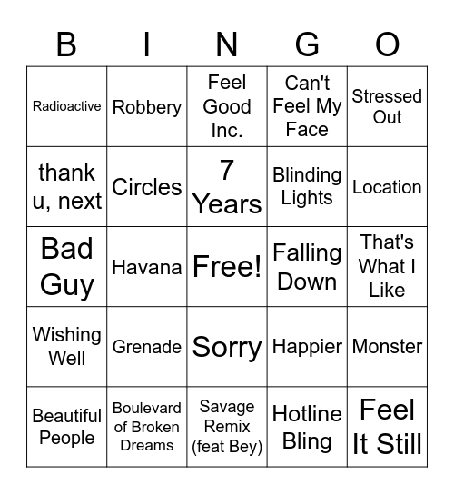 Music Bingo Card