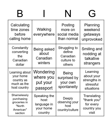 Exchange Student Bingo Card