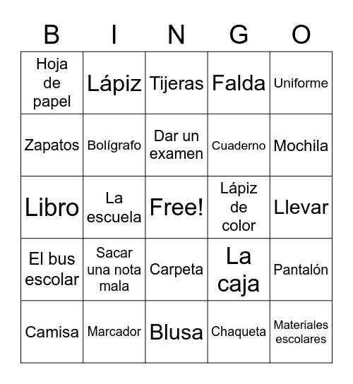 Vocabulario Bingo Card