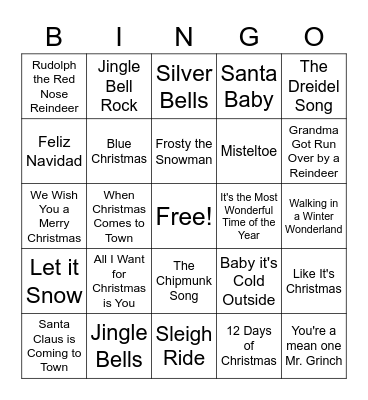 Holiday Song Bingo Card