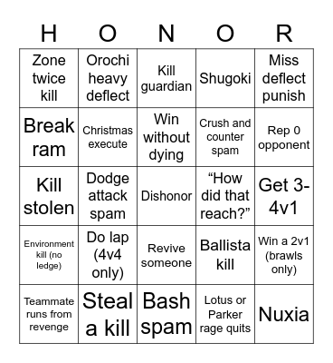 Hero's For Honor Bingo Card