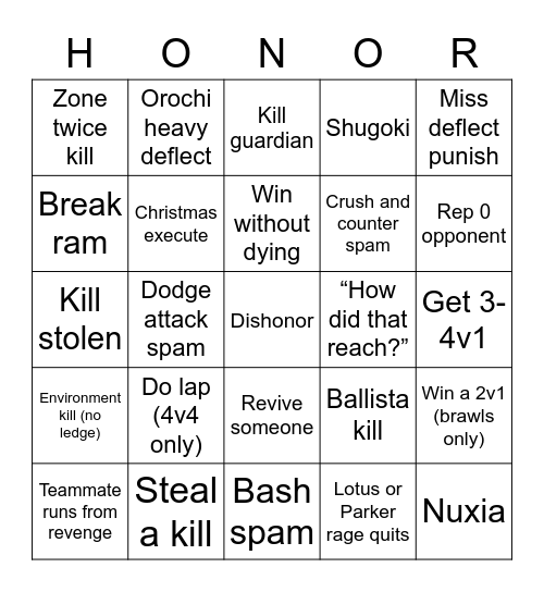 Hero's For Honor Bingo Card