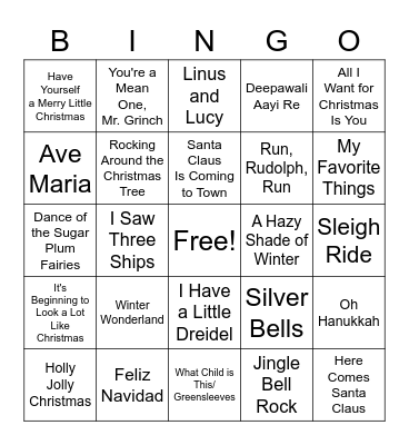 Winter Holiday Song Bingo Card