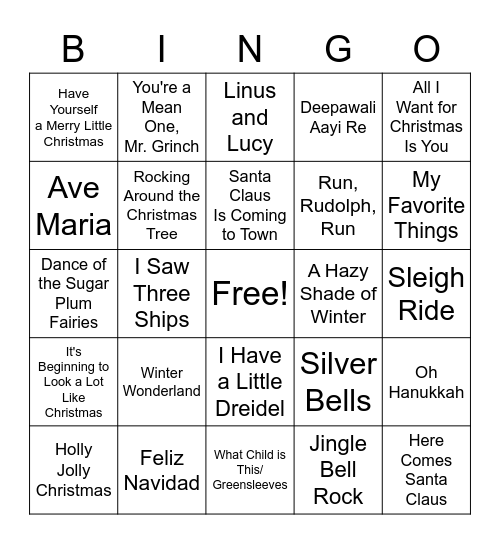 Winter Holiday Song Bingo Card