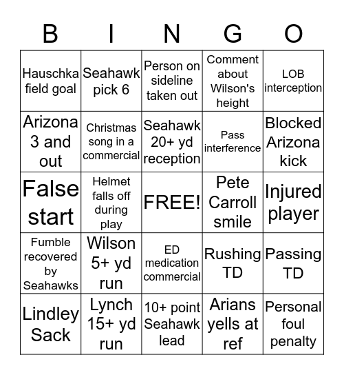 Seahawks Bingo  Bingo Card