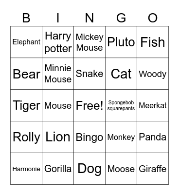 Animals and Charters Bingo Card
