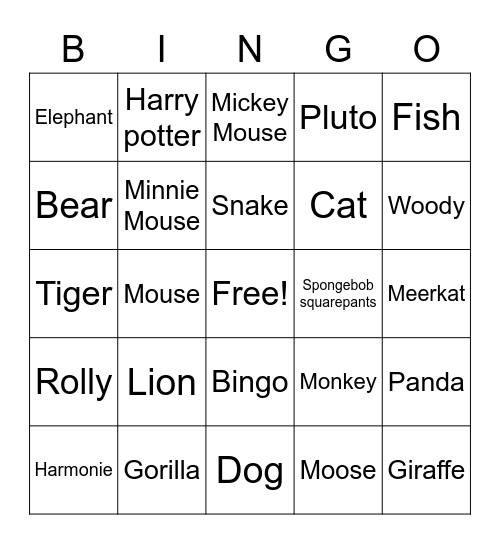 Animals and Charters Bingo Card