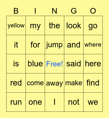 Sight Words Bingo Card