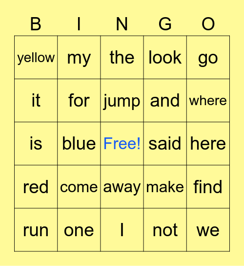 Sight Words Bingo Card