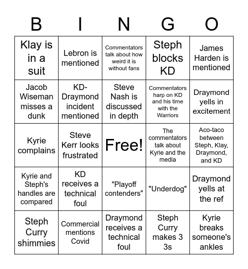 Nets vs. Warriors Bingo Card